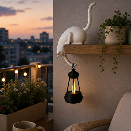 Cream Nookglow cat shelf lantern displayed on a balcony shelf