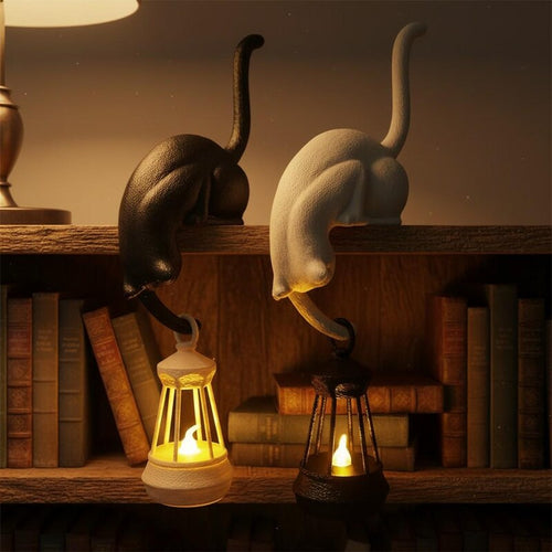 Nookglow hanging cat shelf lantern in black and cream