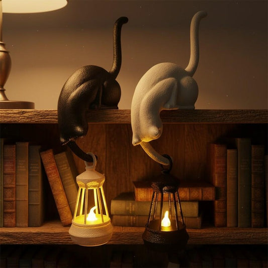 Nookglow hanging cat shelf lantern in black and cream